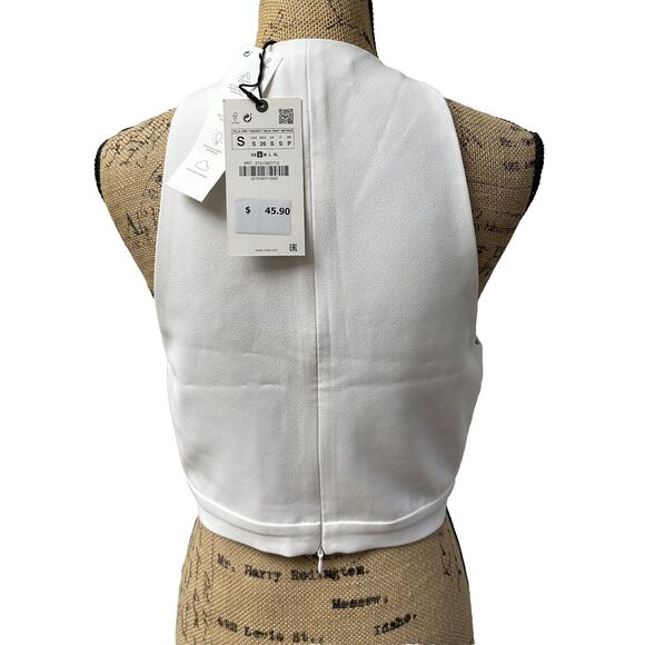 New ZARA Women's White Sleeveless Cowl Neck Cropped Top Blouse Sz S - Picture 8 of 16